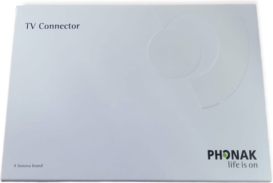 Doosje met de tekst 'TV Connector', 'A Sonova brand' en 'Phonak life is on'.