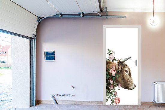 Deurposter 95x215 cm - Deursticker Schotse hooglander - Koe - Bloemen - Meubelfolie zelfklevend - Deurfolie woonkamer - Interieurfolie fotobehang - Deur plakfolie - Deurstickers - Deurbehang sticker - Kamer decoratie