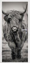 Deursticker Schotse Hooglander - Portret - Zwart Wit - 85x205 cm - Deurposter