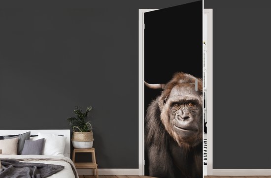 Deurposter 90x235 cm - Deursticker Schotse hooglander - Gorilla - Zwart - Meubelfolie zelfklevend - Deurfolie woonkamer - Interieurfolie fotobehang - Deur plakfolie - Deurstickers - Deurbehang sticker - Kamer decoratie