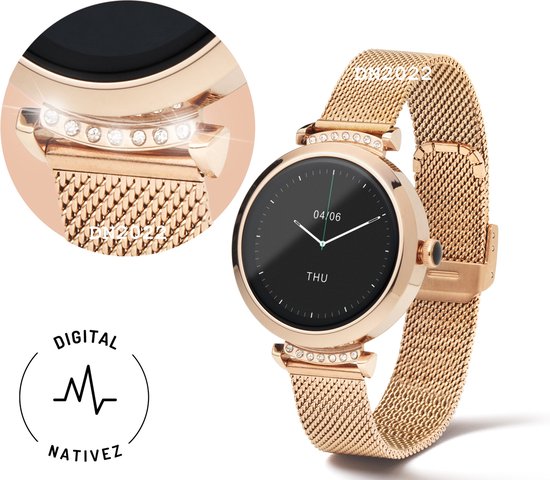 Digital Nativez dames smartwatch horloge met echte zirkonia’s | incl. extra, makkelijk verstelbare, horlogeband | geschikt voor Iphone en Android | met o.a. NL menu| incl. luxe giftbox - Valentijn