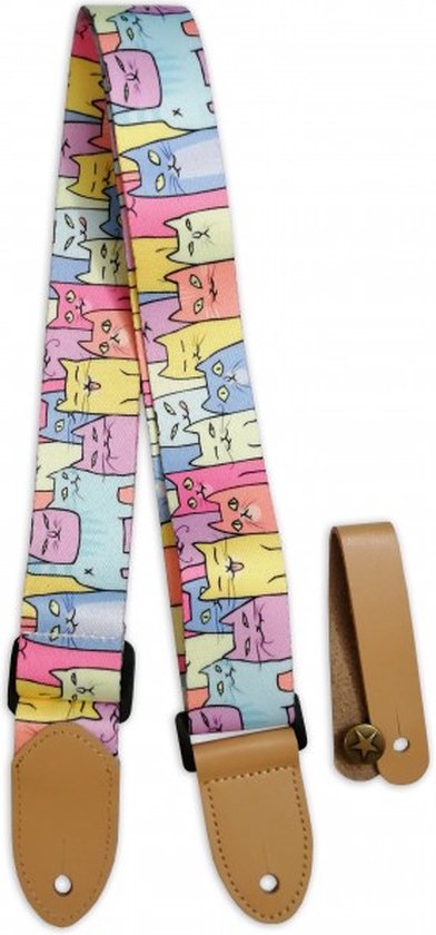 Gekleurde gitaarband met veel kattenprint, met bruine lederen uiteinden.
