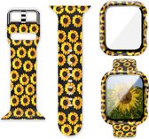 Strap-it Bandje + Case - Geschikt voor Apple Watch case - Series 1/2/3/4/5/6/7/8/SE/Ultra - Zonnebloemen - Bandje en bescherming hoesje - iWatch bandje en cover voor maat: 45 mm