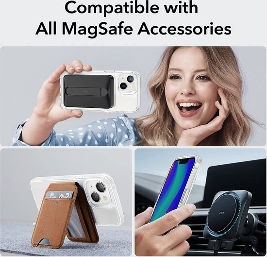 Collage met transparante hoes en MagSafe accessoires: een portemonnee en oplader.