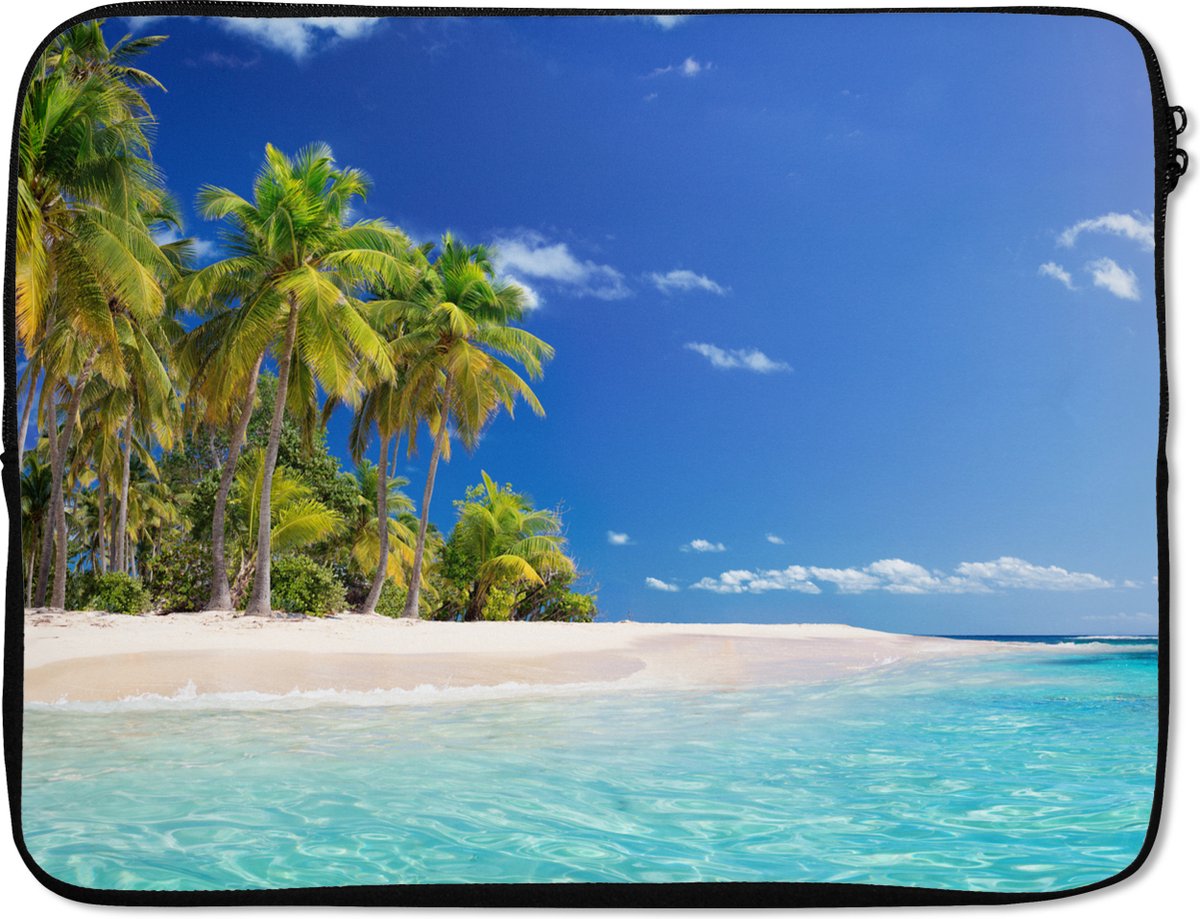 Laptophoes 17 inch - Strand - Zee - Palmboom - Zon - Zomer - Laptop sleeve - Binnenmaat 41x28 cm - Zwarte achterkant