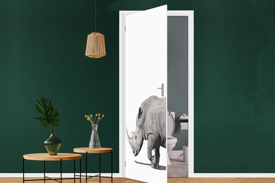 Deurposter 95x235 cm - Deursticker Neushoorn - Dieren - Wit - Meubelfolie zelfklevend - Deurfolie woonkamer - Interieurfolie fotobehang - Deur plakfolie - Deurstickers - Deurbehang sticker - Kamer decoratie