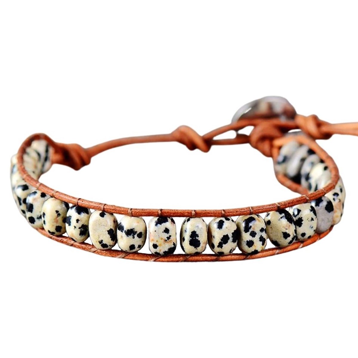 Marama - herenarmband Dalmatiër Jaspis edelsteen - lichtbruin leer - verstelbaar