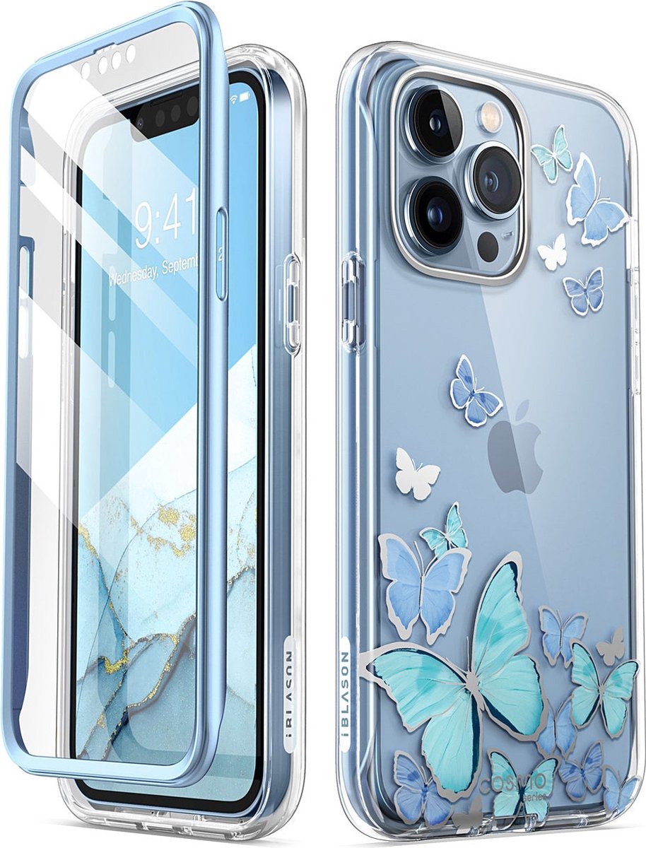 COSMO 360° Backcover Hoesje Met Screen Protector iPhone 13 Pro - Blauwe Vlinders