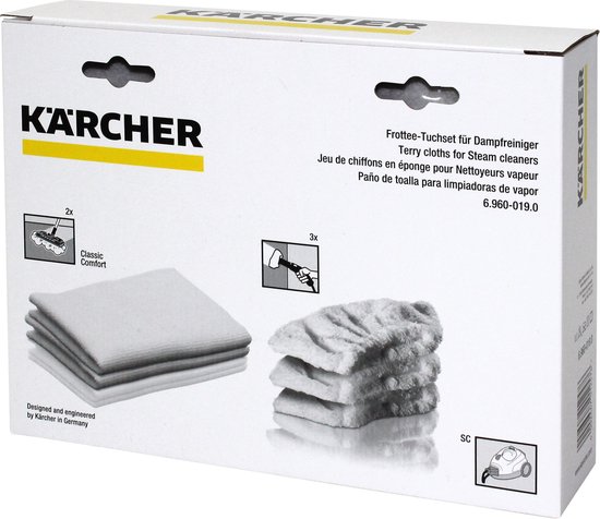 Kärcher verpakking met 2x Classic Comfort vloerdoeken en 3x handdoekhoezen voor stoomreinigers.
