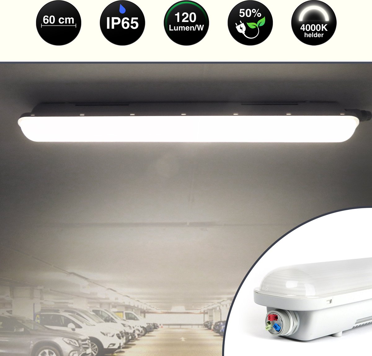 LED TL Tri-Proof IP65 - 2 Stuks Voordeel - 60 cm - Helder wit 4000K - Hoge Lichtopbrengst - Incl. Montage Beugels - Geschikt voor buiten - Vandaal bestendig - 24 watt - Energiebesparend & Duurzaam
