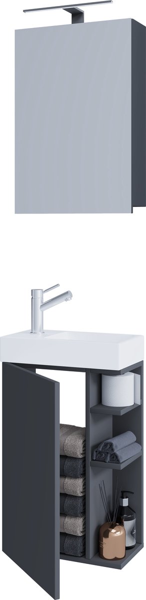 VCM 3-delige badkamermeubelset Gastentoilet Wastafel Kleine Smalle Lumia Spiegelkast