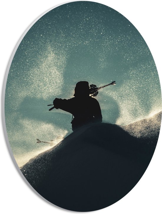 WallClassics - Plaque Ovale en Mousse PVC - Silhouette de Skieur dans Paysage - 21x28 cm Photo sur Ovale (Avec Système d'accrochage)