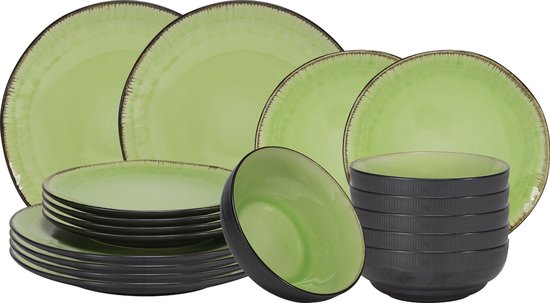 Moderne serviesset voor 6 personen met messingkleurige rand, 24-delig combiservies met randloze coupe-vormen, zwart