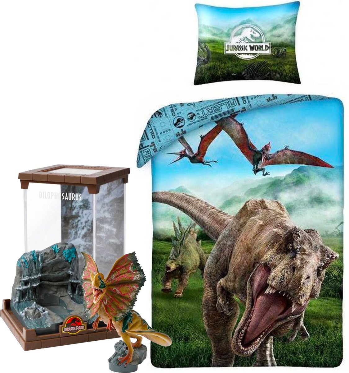Jurassic World Dino Dekbedovertrek- 140x200- Katoen- 1persoons- Dinosaurus- incl. Jurassic World Dilophosaurus figurine