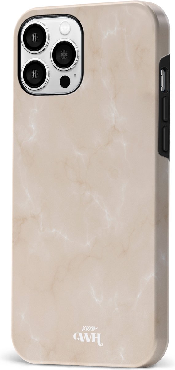 xoxo Wildhearts Marble Nude Vibes - Double Layer - Hardcase hoesje geschikt voor iPhone 12 Pro Max - hoesje shockproof case geschikt voor Apple iPhone 12 Pro Max hoesje marmer - Beige / crème