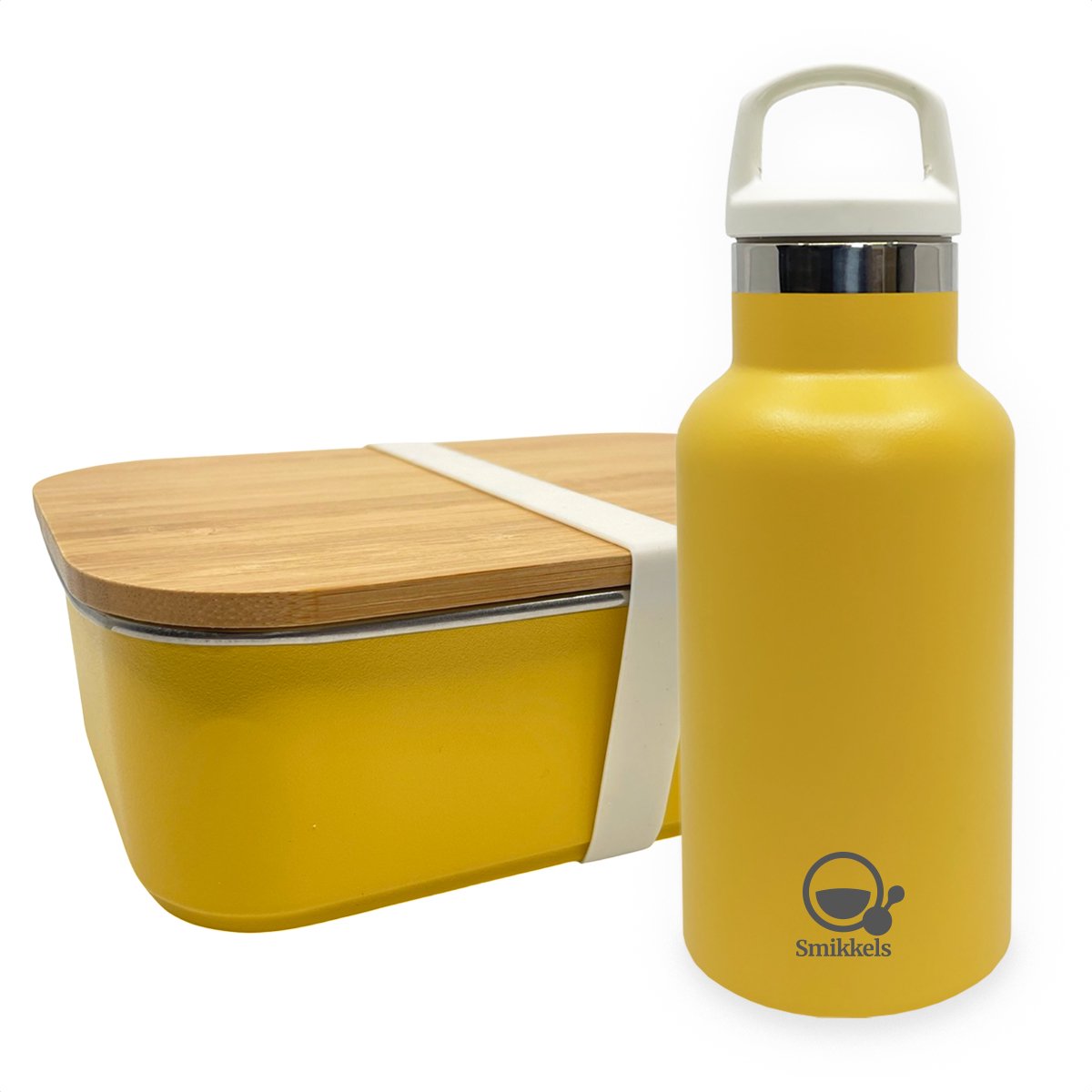 Smikkels - Lunchset RVS lunchbox met thermos drinkfles - Geel - Duurzaam - Fles 350ml met afsluitdop en rietjesdop - broodtrommel 900ml met bamboe deksel en elastiek - thermosfles - kind