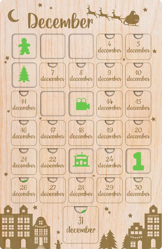 December houten aftelkalender - aventskalender - kerst - feestdagen - cadeau - aftellen - kerstdagen