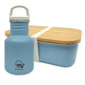 Smikkels - Schoolset RVS lunchbox met drinkfles kind - Blauw - Duurzaam - Afsluitdop en rietjesdop - Lunchset Broodtrommel en Schoolbeker - Basisschool