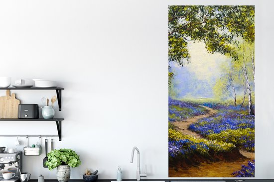 Poster Schilderij - Natuur - Bos - Bloemen - Olieverf - 75x150 cm