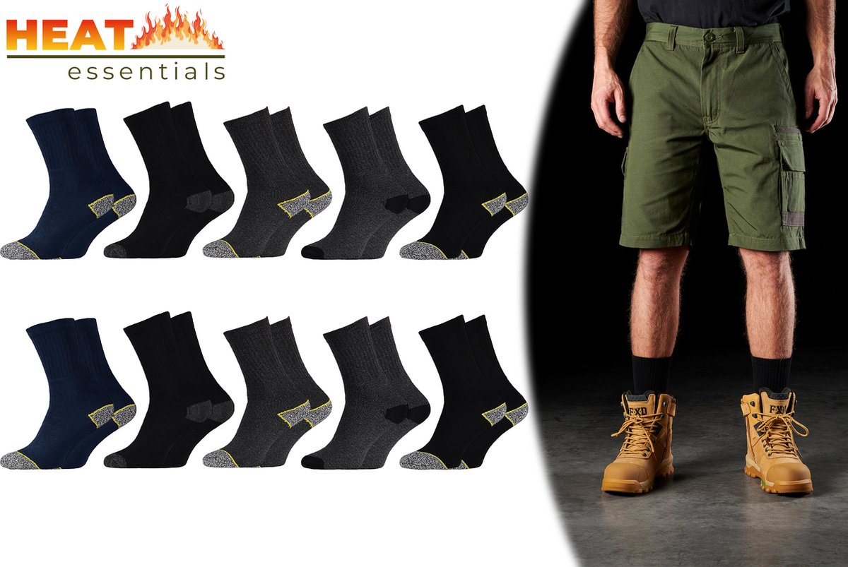 Heat Essentials - Werksokken Heren 43 46 - Warme Sokken - 10 Paar - Assorti Kleuren - Dikke Sokken - Thermo Sokken - Huissokken