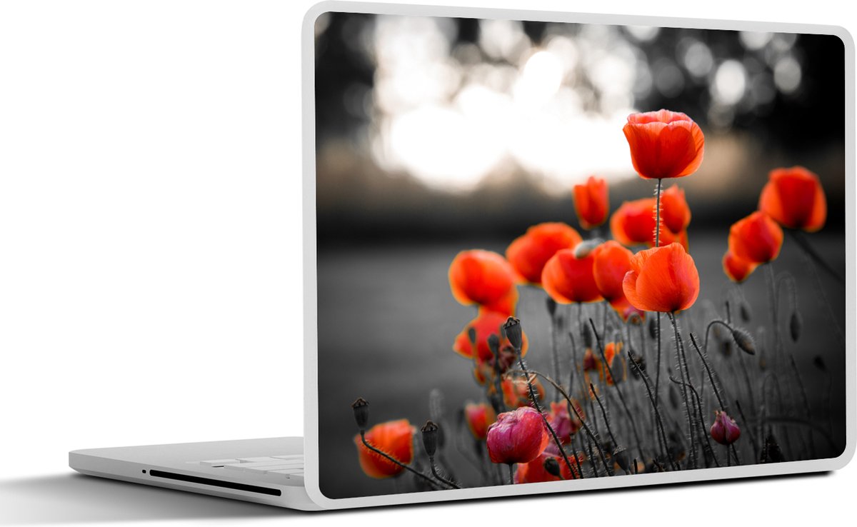 Laptop sticker - 10.1 inch - Rode Klaprozen tegen zwarte met witte achtergrond - 25x18cm - Laptopstickers - Laptop skin - Cover