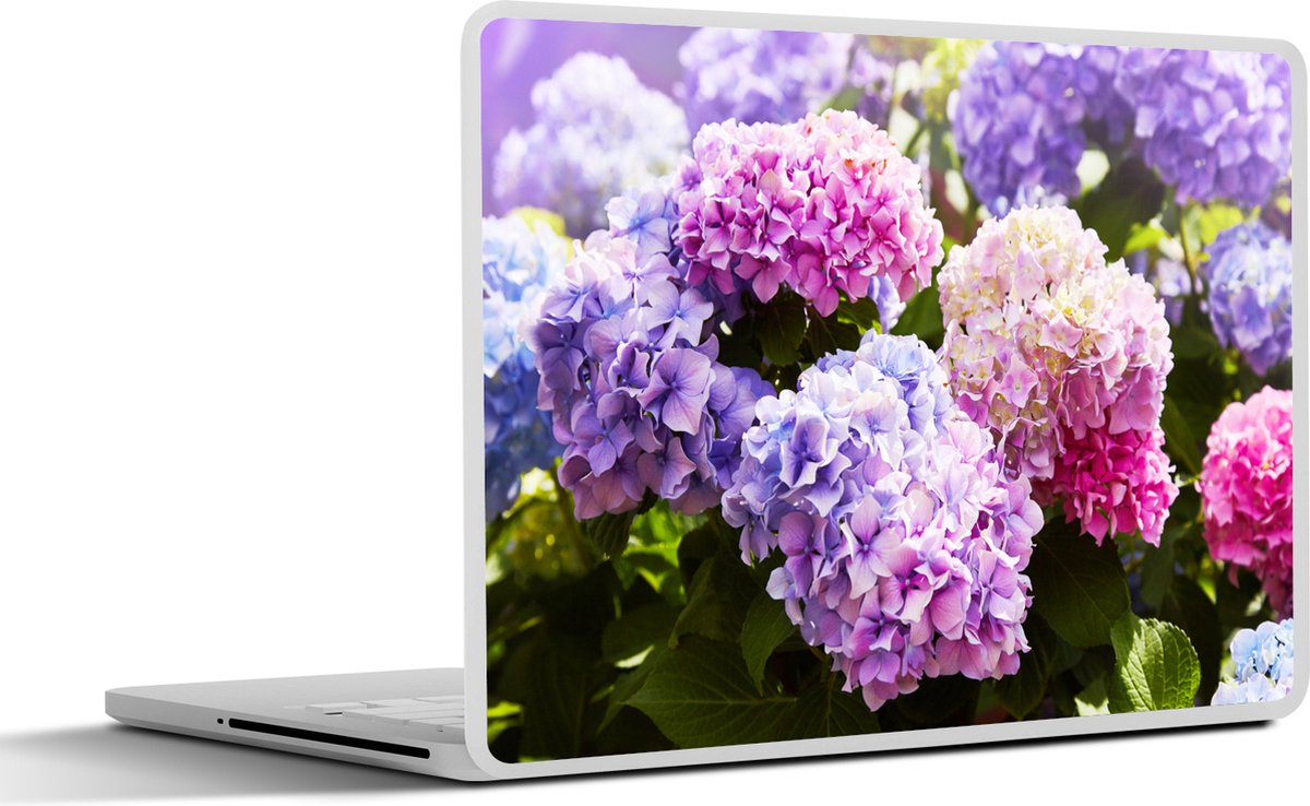 Laptop sticker - 14 inch - Bloemen - Hortensia - Roze - Bladeren - Zon - 32x5x23x5cm - Laptopstickers - Laptop skin - Cover