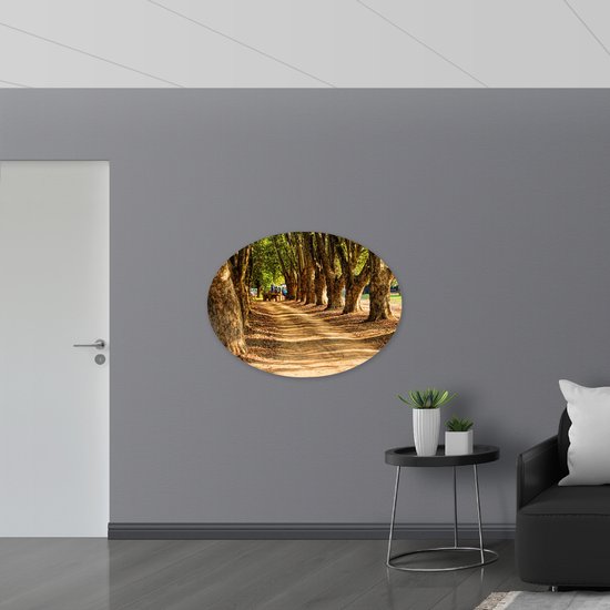 WallClassics - Dibond Ovaal - Boer op Tractor op Bospad - 108x81 cm Foto op Ovaal (Met Ophangsysteem)