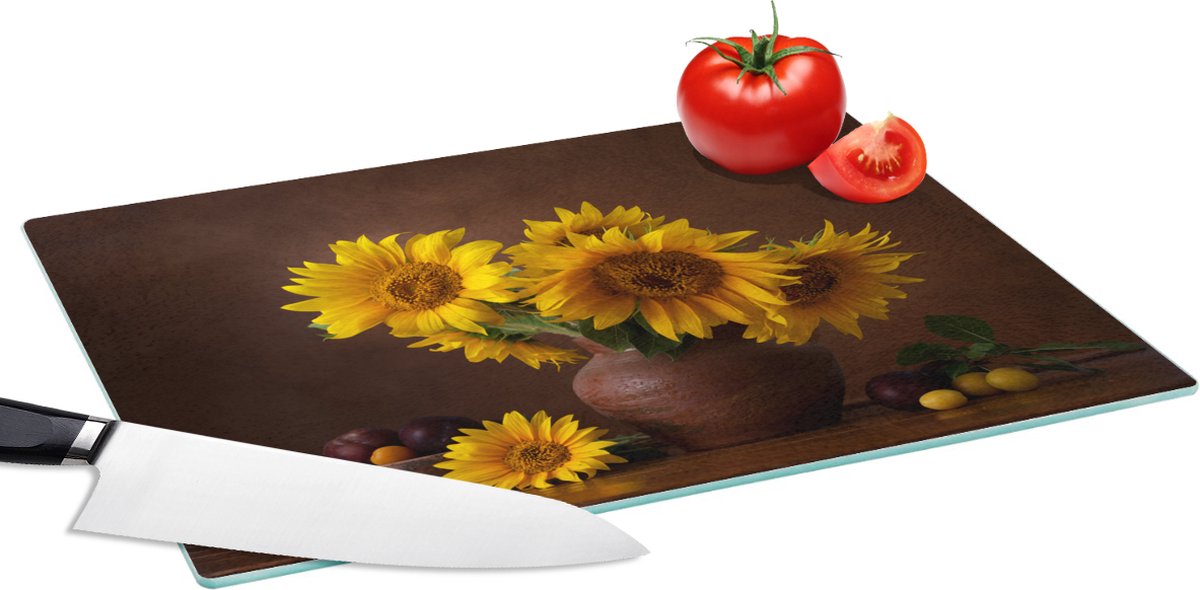 Glazen Snijplank - 39x28 - Zonnebloemen - Vaas - Stilleven - Snijplanken Glas
