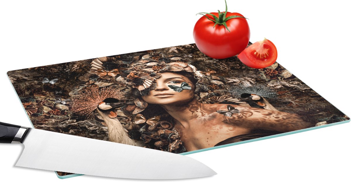 Glazen Snijplank - 28x20 - Luxe - Vrouw - Dieren - Vlinders - Vogels - Snijplanken Glas