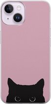 Hoesje geschikt voor iPhone 14 - Zwarte kat - Soft Case - TPU - Print - Roze - Mooie Telefoonhoesjes