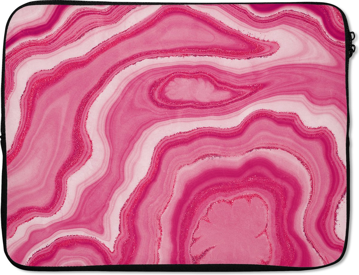 Laptophoes 15.6 inch - Roze - Geode - Agaat steen - Edelstenen - Laptop sleeve - Binnenmaat 37x26 cm - Zwarte achterkant