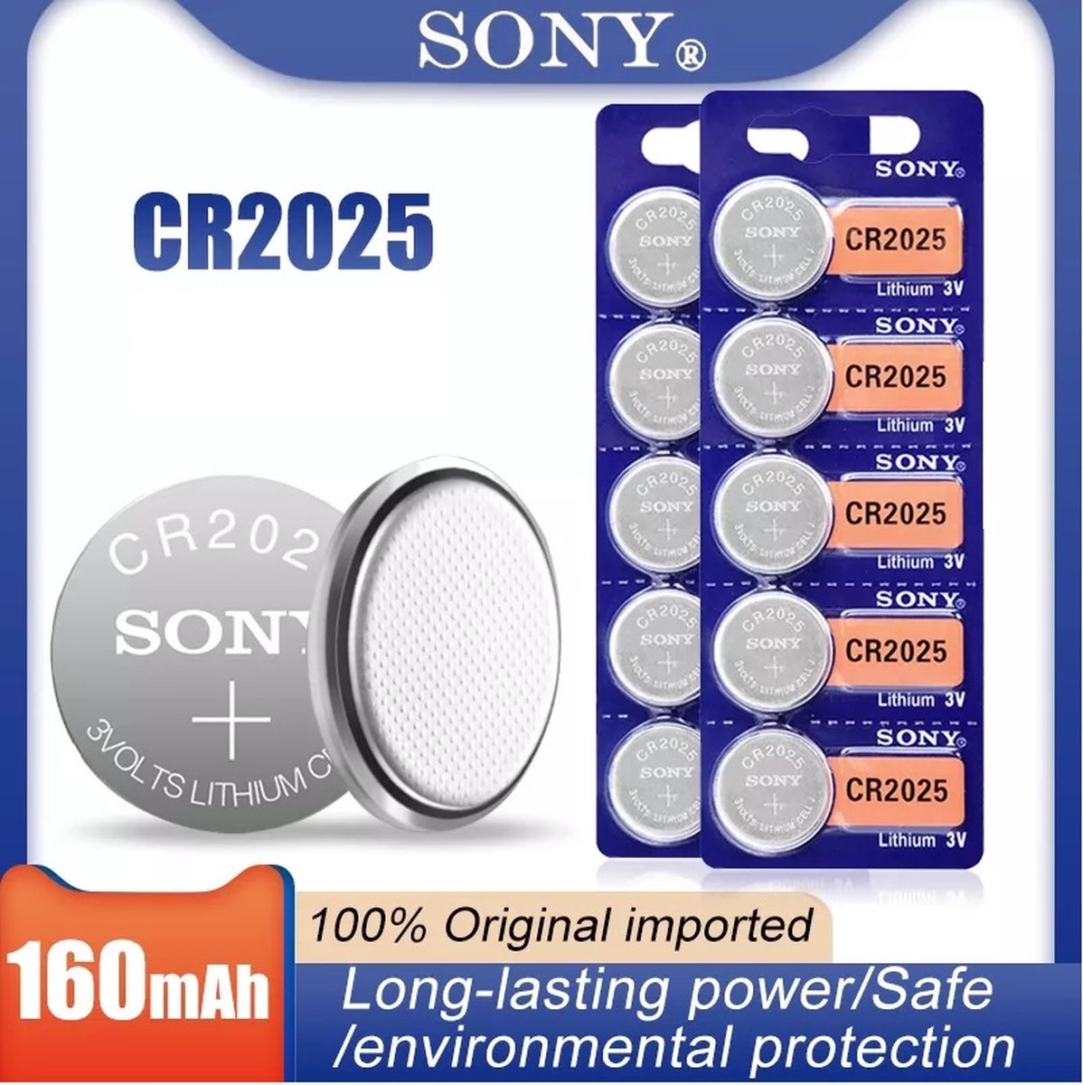 5x SONY knoopcelbatterij CR2025 CR 2025 3 Volt Lithium Kwikvrij voor afstandsbediening autosleutel