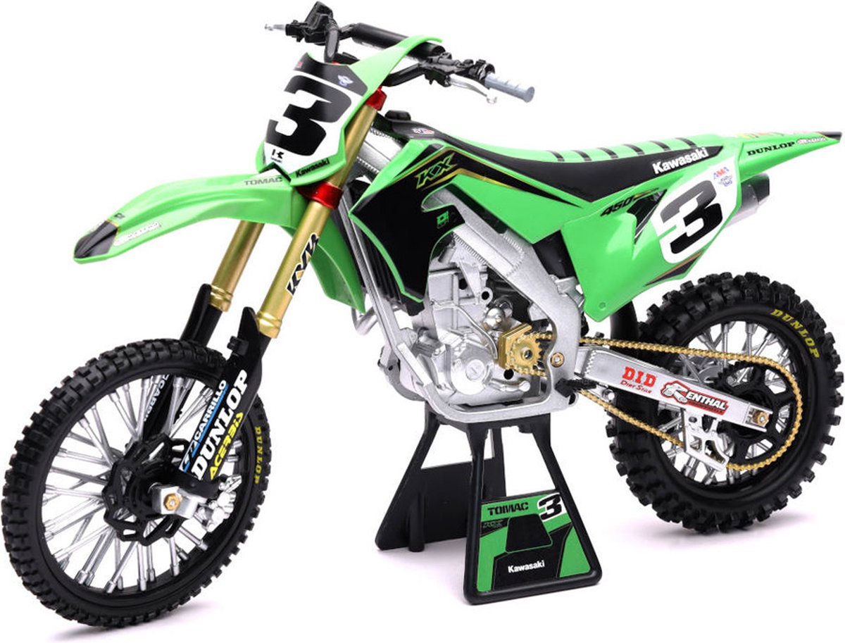 NewRay - Eli Tomac Kawasaki KX450 Replica Mini Crossmotor - 1/6 Schaalmodel - Met Stickers - 49663