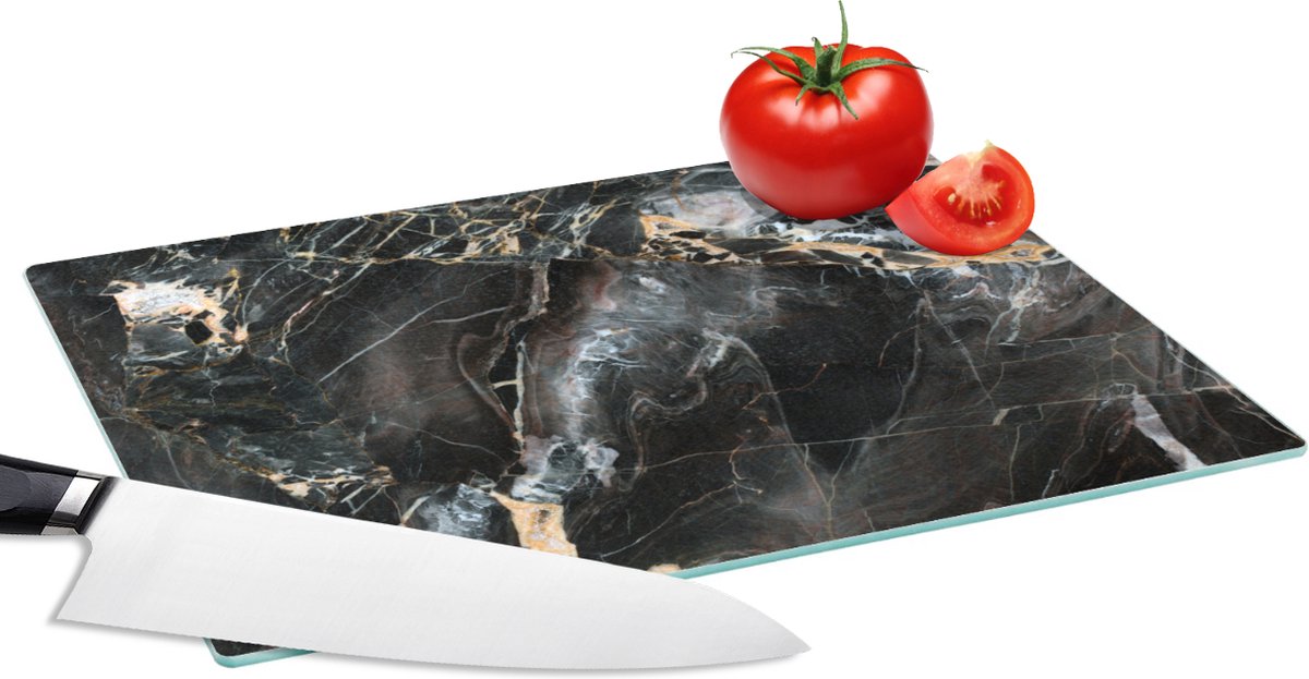 Glazen Snijplank - 28x20 - Marmer - Zwart - Goud - Patroon - Snijplanken Glas