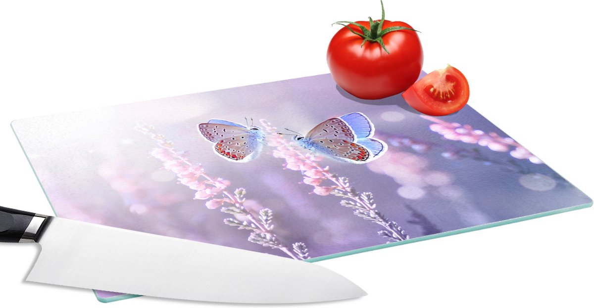 Glazen Snijplank - 28x20 - Vlinder - Lavendel - Bloemen - Paars - Snijplanken Glas
