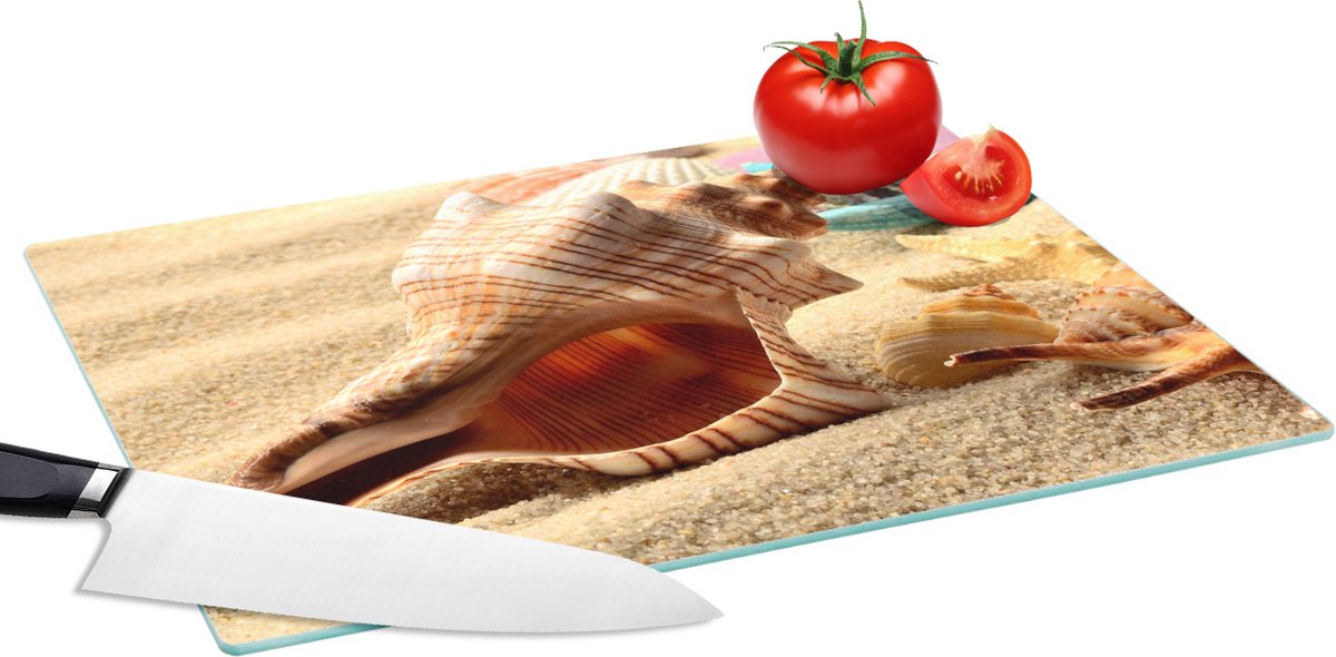Glazen Snijplank - 39x28 - Zeester - Schelpen - Zand - Strand - Snijplanken Glas