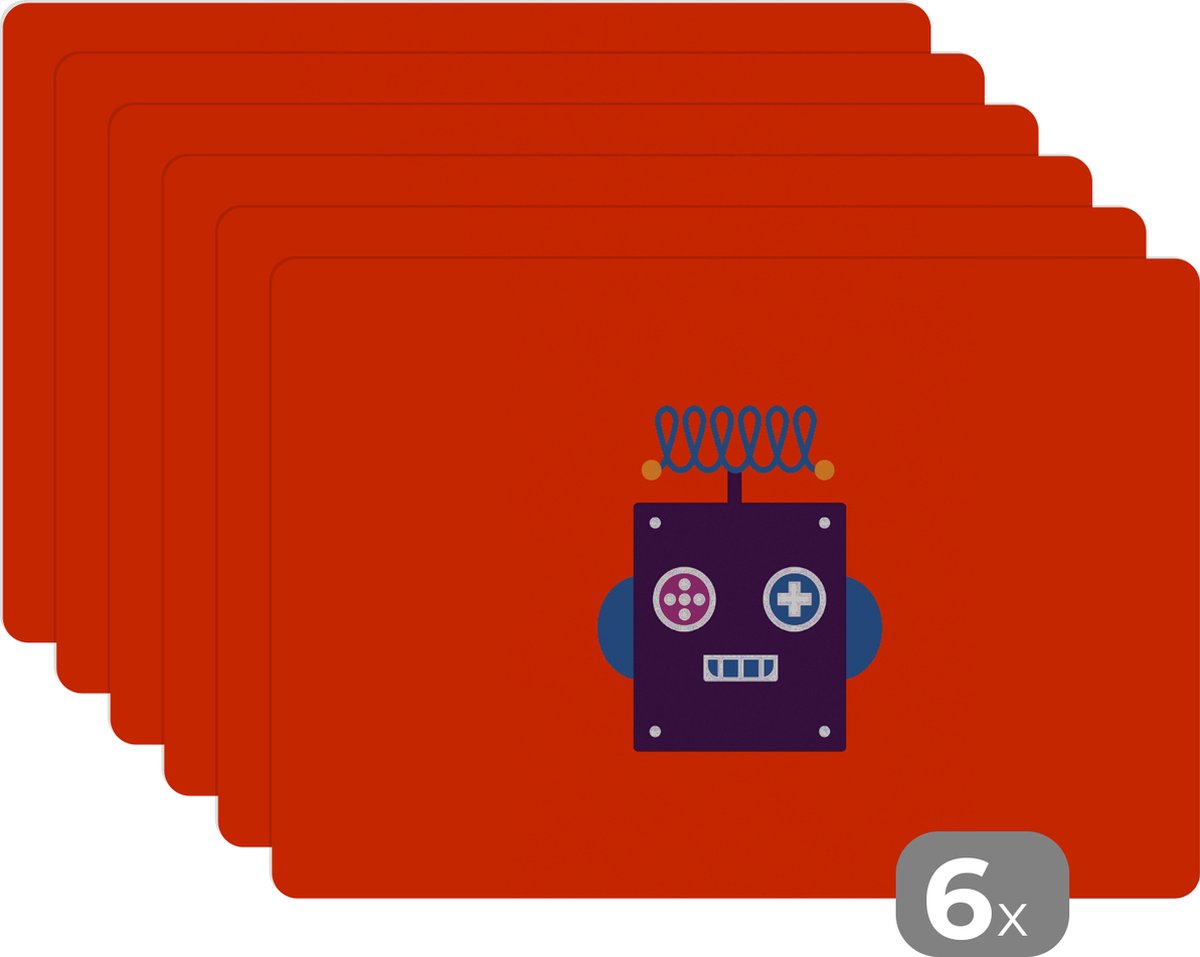 Placemat kinderen - Placemat - Placemats kunststof - Robot - Rood - Gezicht - Vormen - Jongens - Kids - 45x30 cm - 6 stuks - Hittebestendig - Anti-Slip - Onderlegger - Afneembaar