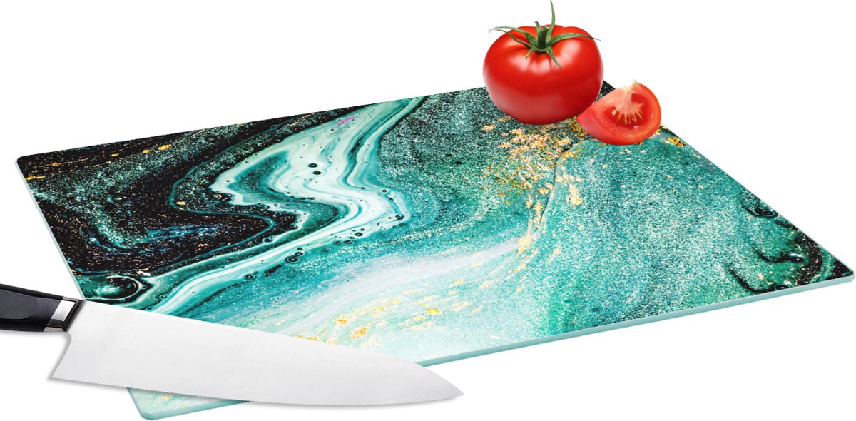 Glazen Snijplank - 39x28 - Marmerlook - Blauw - Goud - Glitter - Luxe - Marmer - Snijplanken Glas