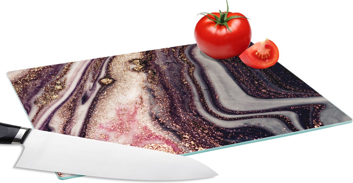 Glazen Snijplank - 28x20 - Marmer - Roze - Goud - Glitter - Marmerlook - Snijplanken Glas
