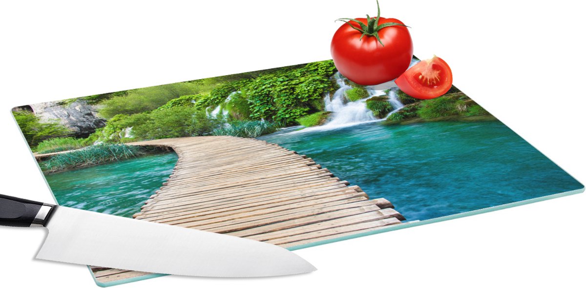 Glazen Snijplank - 39x28 - Brug - Water - Planten - Waterval - Groen - Snijplanken Glas