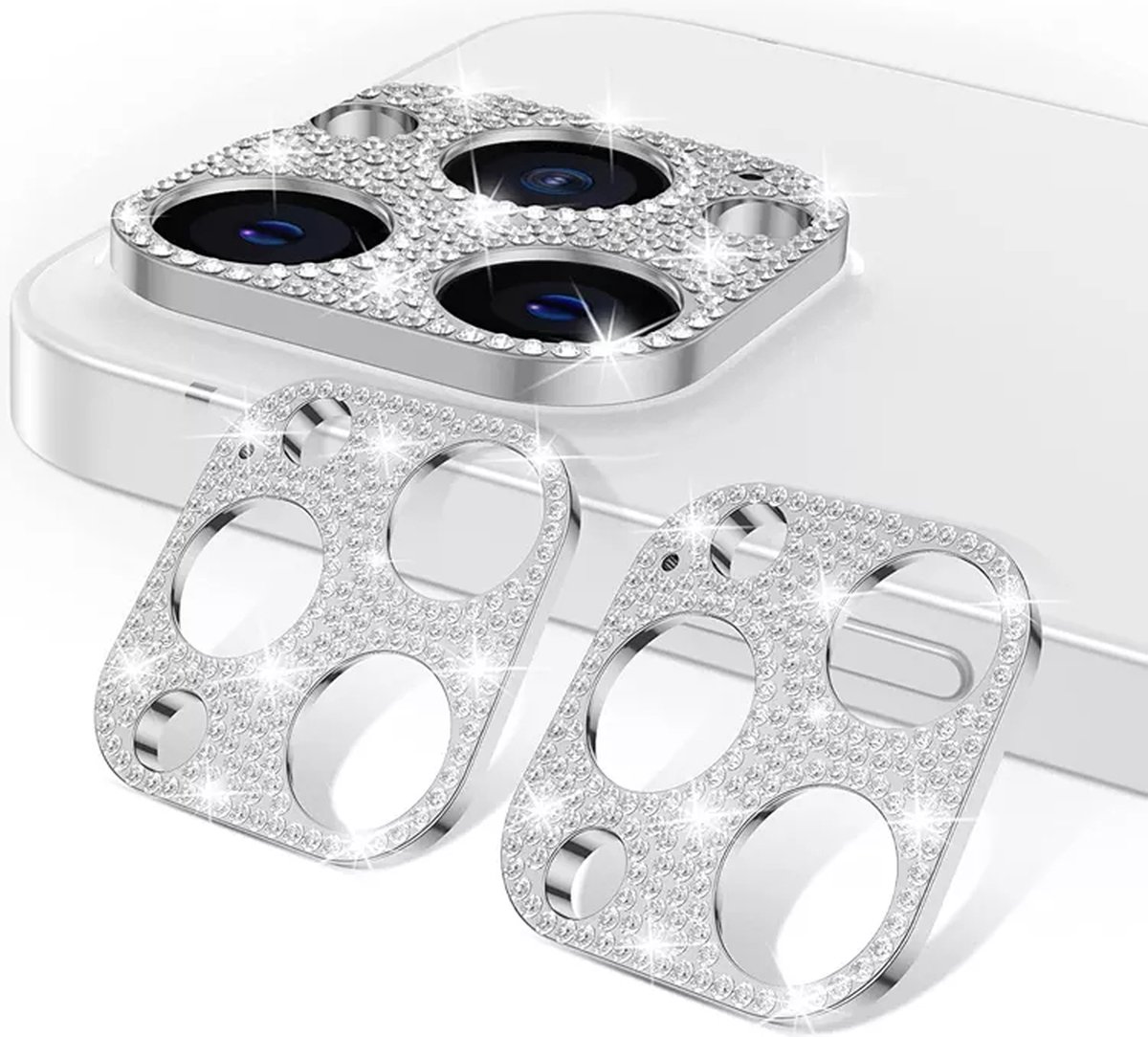 Screenz® - Camera lens protector voor iPhone 13 Pro / 13 Pro Max glitter zilver - Screenprotector - Beschermglas - Glasplaatje iPhone 13 Pro / iPhone 13 Pro Max - 2 stuks