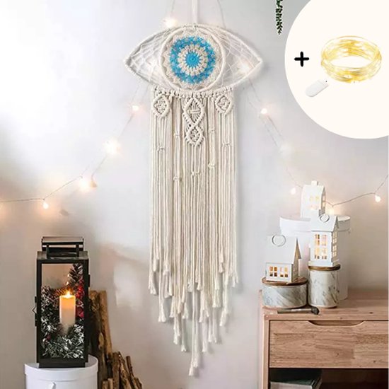 ZoeZo - Macramé wandhanger met verlichting - Oog - Blauw - Macramé dromenvanger - Wanddecoratie - Wandkleed - Home decoratie - Muurdecoratie