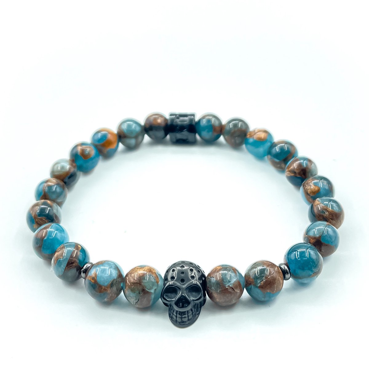 BERRATTI Skull Collection Jaspis Cloisonné Armband Donker Blauw - Kralenarmbanden - Natuurstenen - Heren Armband - Dames Armband - Donker Blauw/Bruin