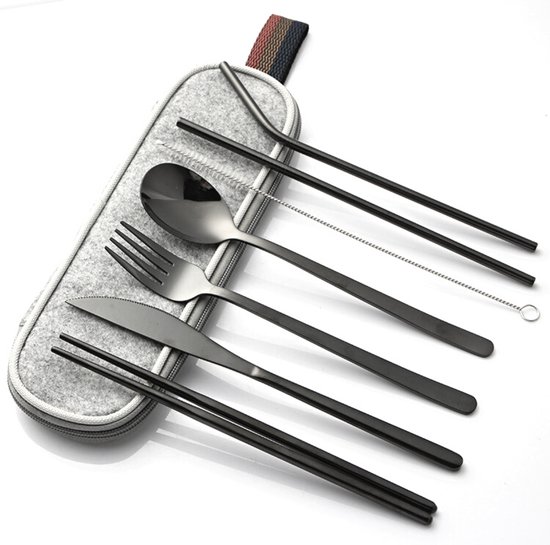 House of Husk Couverts de voyage - Ensemble de couverts de voyage - Baguettes - Pailles en métal avec brosse - Cuillère - Passe au lave-vaisselle - Acier inoxydable - 7 pièces - Zwart