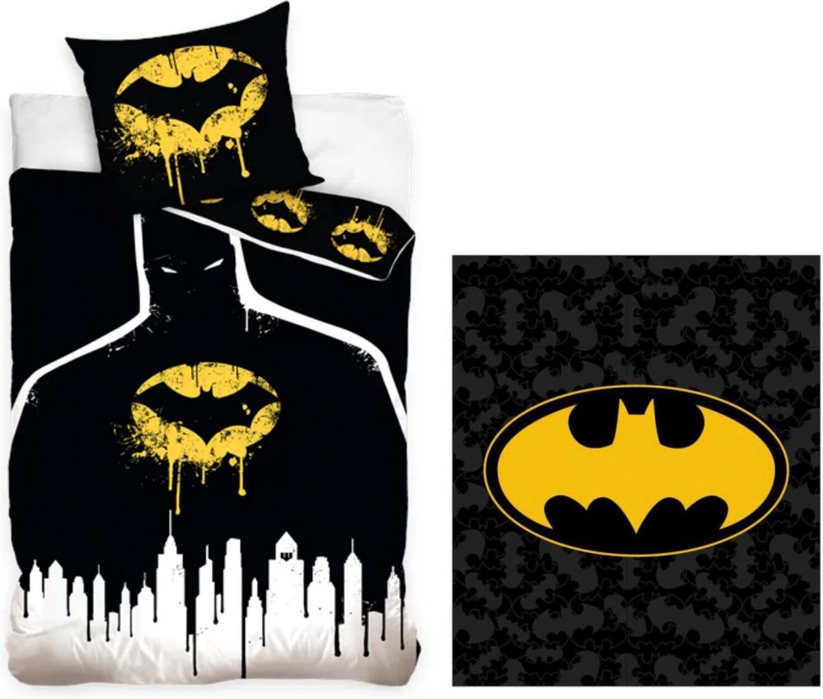 Batman Dekbedovertrek Geel/Zwart - 100% Katoen - Eenpersoons - 140x200 cm - incl. Fleece deken Batman- zwart/geel- 120x150cm- polyester- warme deken.