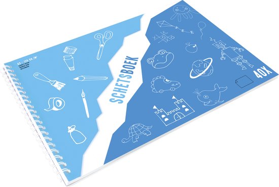 A3 schetsboek 'Schetsboek' met blauwe kaft en witte kindertekeningen, zoals een kikker, robot en ruimteschip.