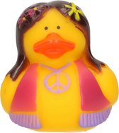 Canard en plastique - flower power hippie - jaune avec cardigan rose-violet - 5 cm