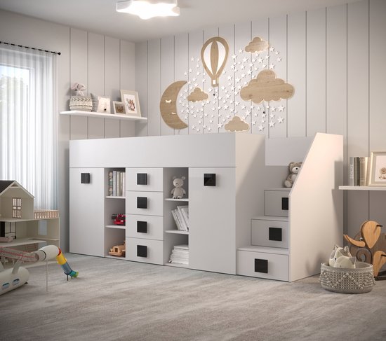 Stapelbed LEDO 3 - Antresola - 90X200 cm - naar de Kinderkamer - Wit + Zwarte handvatten (zonder Matras)