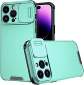 Mobigear Hoesje geschikt voor Apple iPhone 14 Pro Telefoonhoesje Hardcase | Mobigear Cam Slide Backcover met Camera Slider | iPhone 14 Pro Case | Back Cover - Turquoise