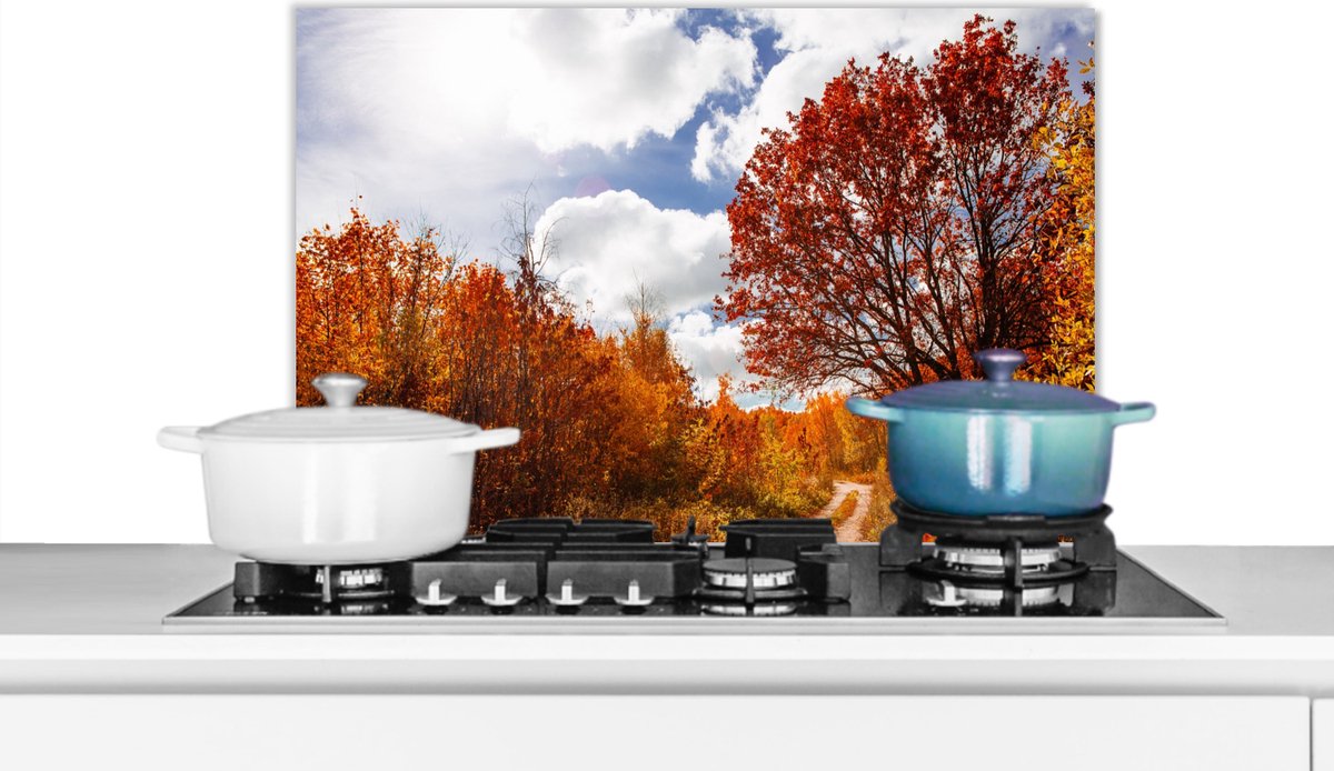KitchenYeah - Spatscherm - Boom - Herfst - Rood - Lucht - 60x40 cm - Muurbeschermer
